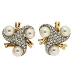 Triangular Pearl Diamond Pave Gold Earrings 6