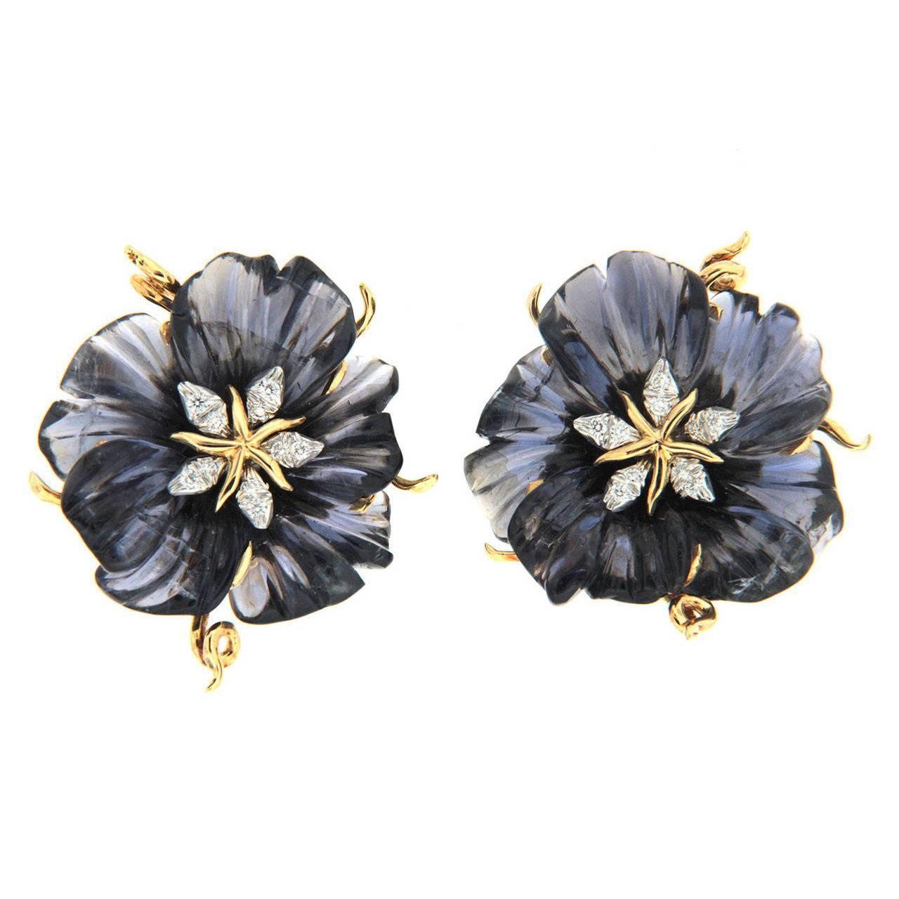 Carved Iolite Flower Earrings with Diamonds