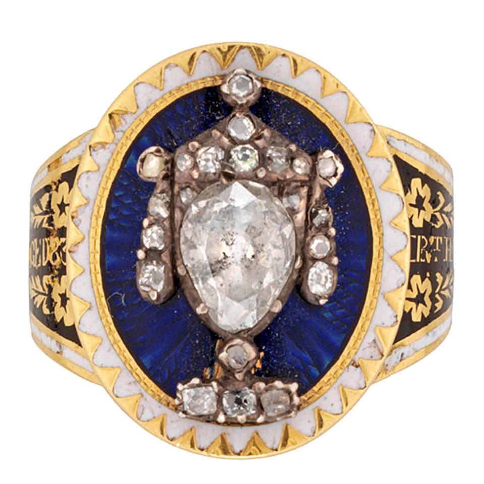 Fine Georgian Blue Enamel Diamond Urn Ring
