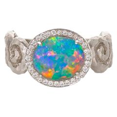 Extraordinary Lightning Ridge Black Opal White Diamond Gold One of a Kind Ring 4