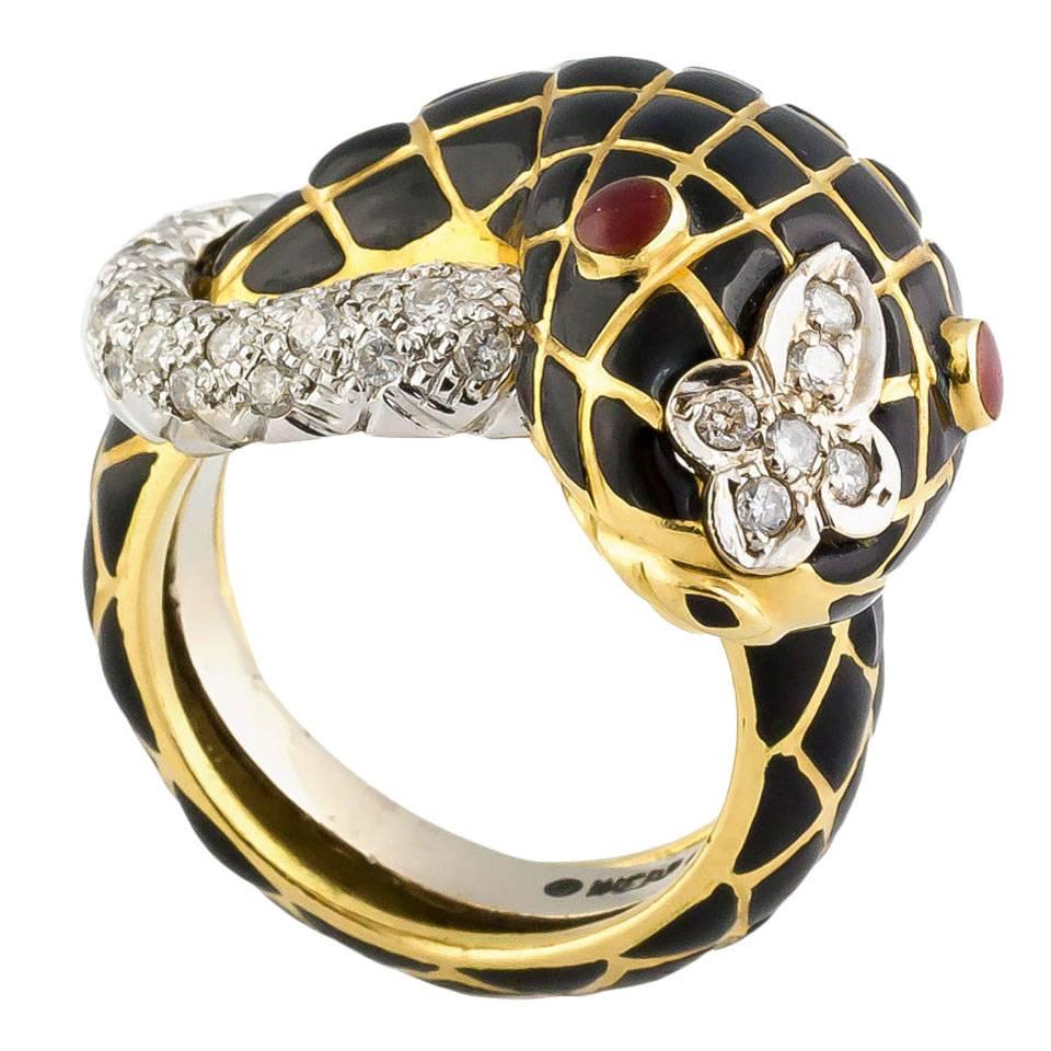 David Webb Enamel Diamond Gold Platinum Snake Ring 
