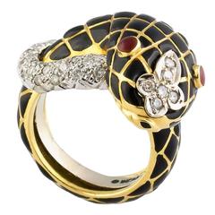 David Webb Enamel Diamond Gold Platinum Snake Ring