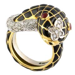 Vintage David Webb Enamel Diamond Gold Platinum Snake Ring 