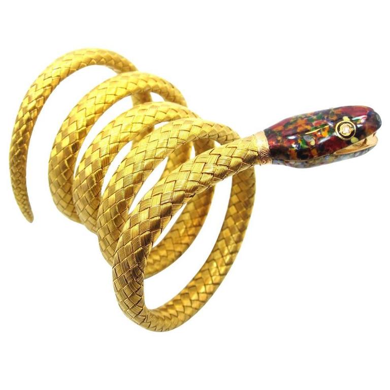 Exquisite Victorian Enamel Gold Flexible Snake Wrap Bracelet at 1stDibs
