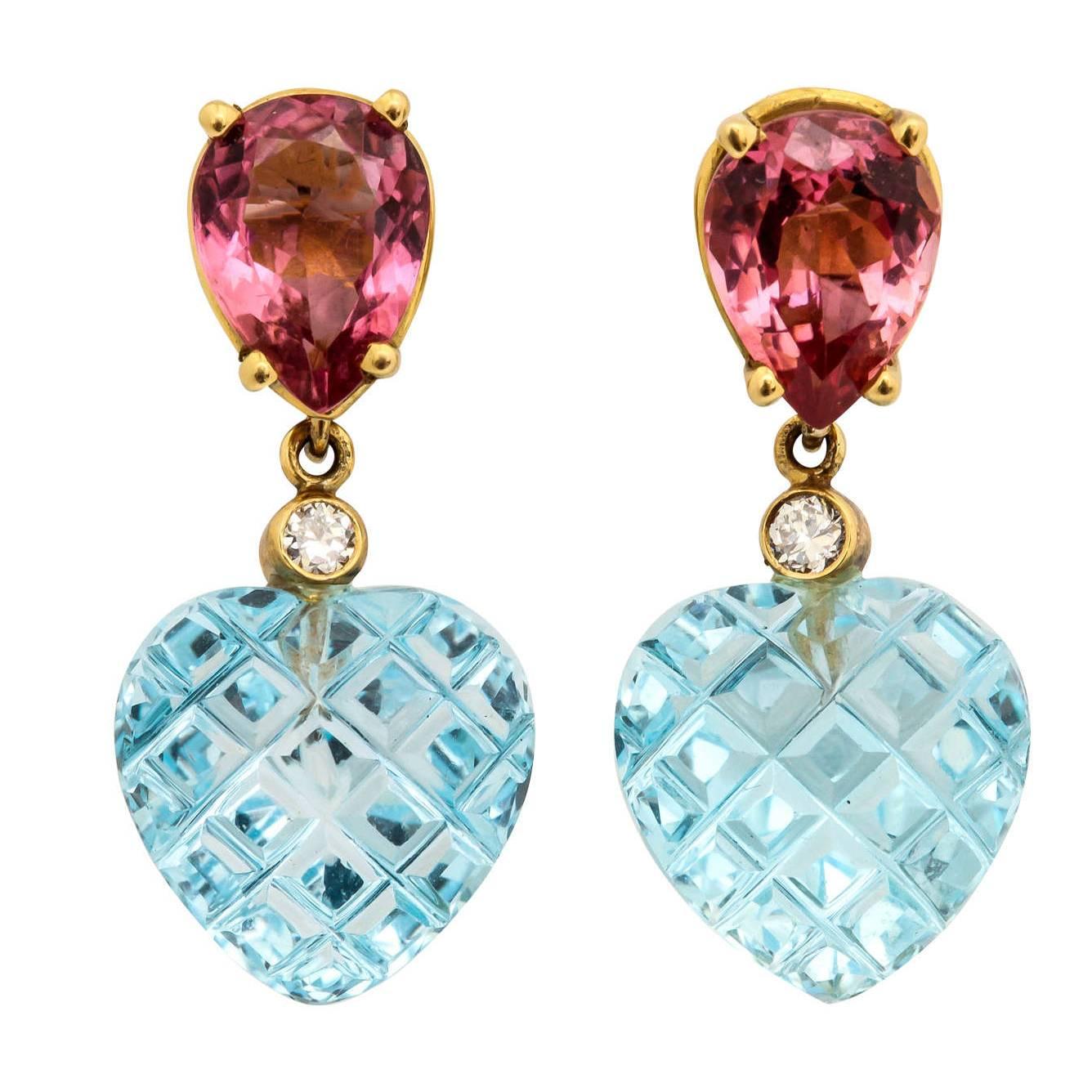Charming Pink Tourmaline Blue Topaz Heart Earrings For Sale
