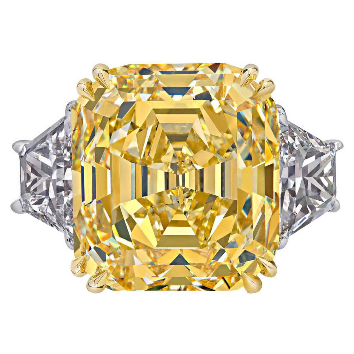 Rare Canary Intense Yellow Emerald Cut Diamond Gold Ring