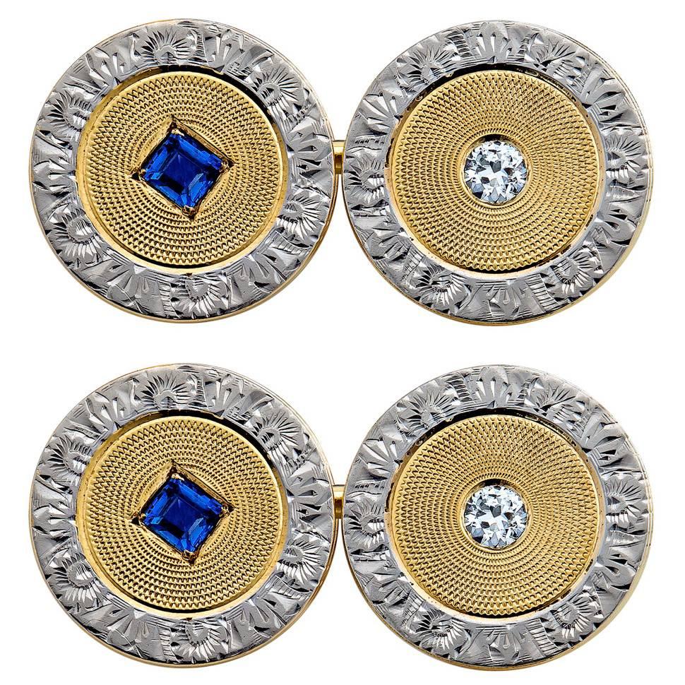 Art Deco Sapphire Diamond Gold Platinum Cufflinks