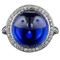 Edwardian No-Heat 15.75 Carat Gem Cabochon Sapphire Diamond Platinum Ring