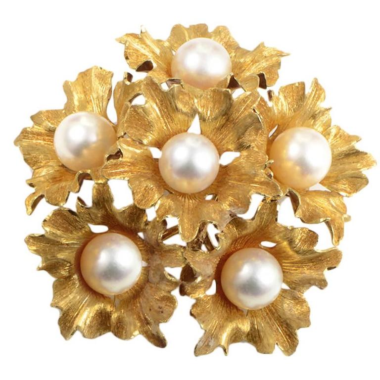 Buccellati Pearl Gold Floral Bouquet Brooch For Sale at 1stdibs