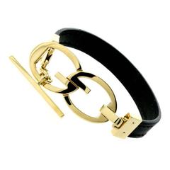Retro Gucci Leather Gold Toggle Bracelet