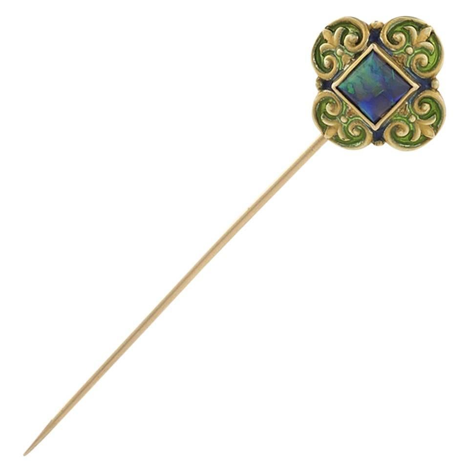 Marcus & Co. Art Nouveau Enamel Opal Gold Stick Pin