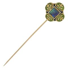 Marcus & Co. Art Nouveau Enamel Opal Gold Stick Pin 2
