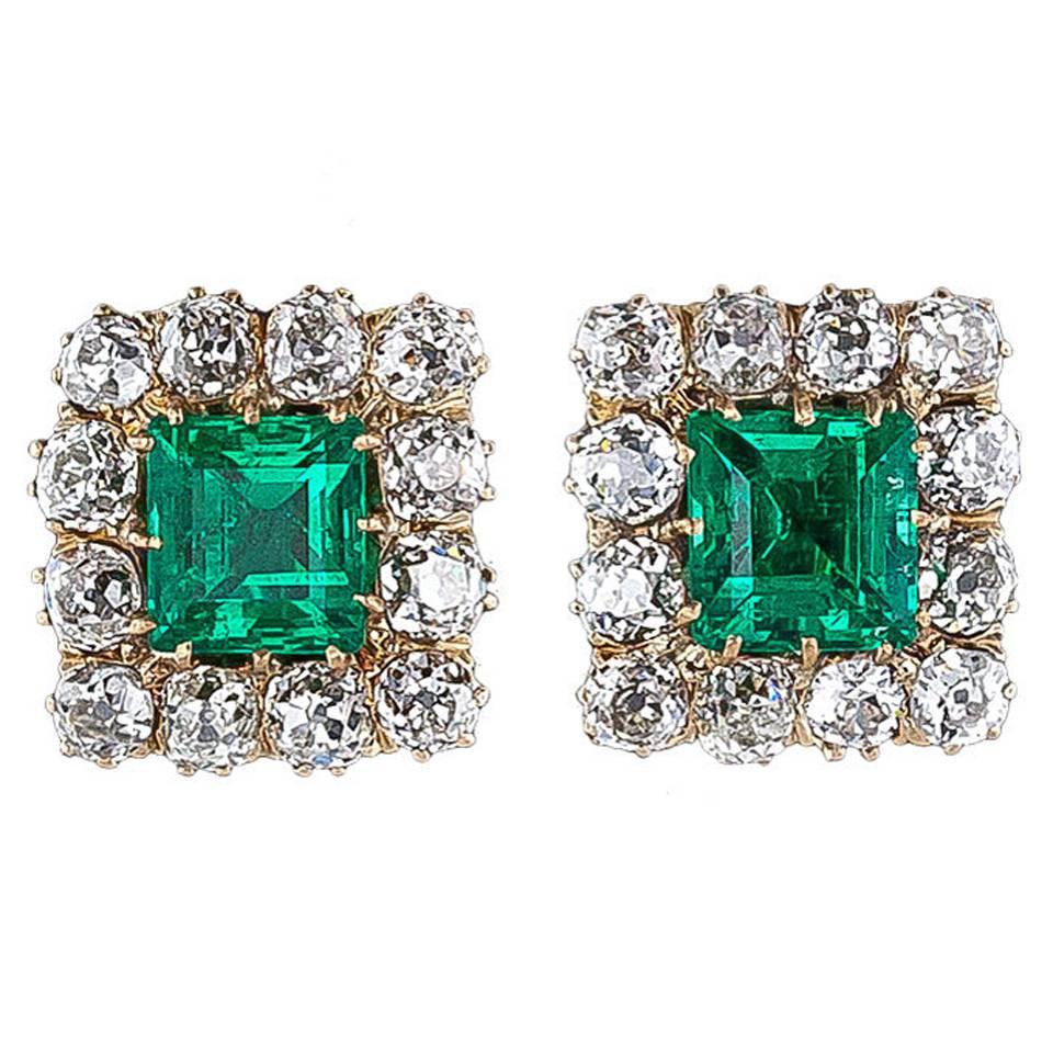 Superb Victorian Emerald Diamond Gold Earrings For Sale