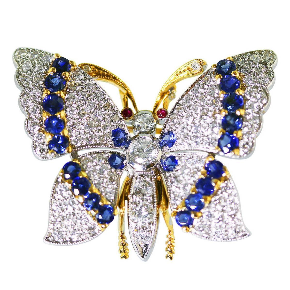 Sapphire Diamond Gold Platinum Butterfly Brooch