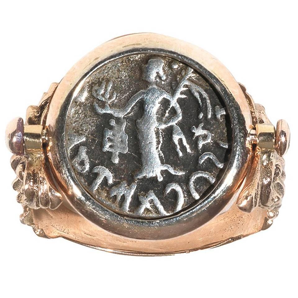 Antique Gold Swivel Ring Set with a Greek Coin