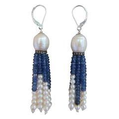 White Pearl and Sapphire Tassel Earrings with 14k White Gold Lever Backs