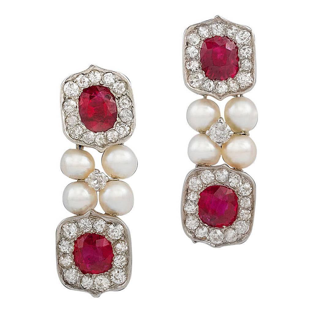 Untreated Burma Ruby and Pearl Drop Earrings For Sale at 1stdibs