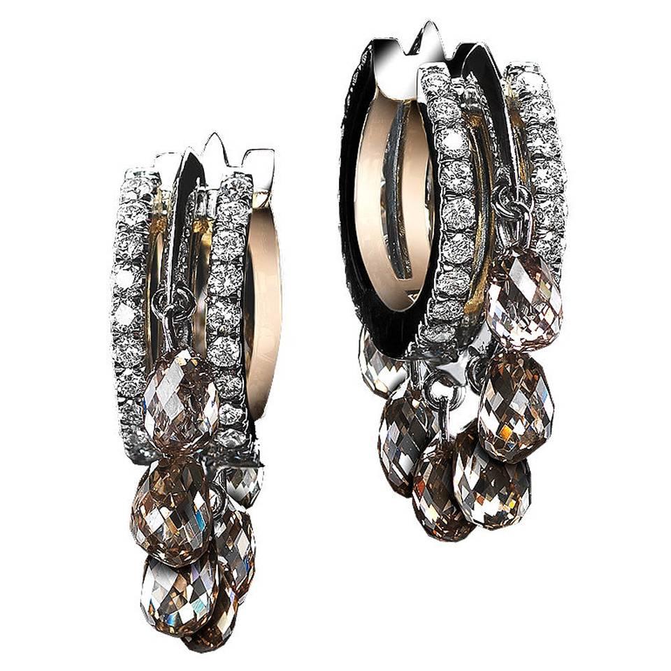 Alexandra Mor Platinum Hoop Earrings with Champagne Diamond Briolettes For Sale