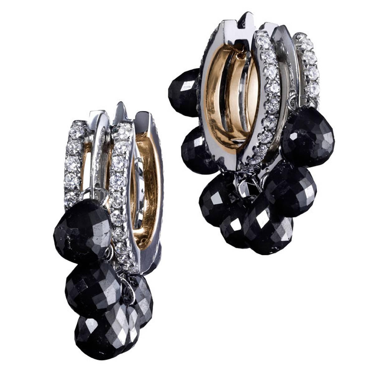 Alexandra Mor 2.61 Carat Black Diamond Briolettes Gold Platinum Hoop Earrings For Sale