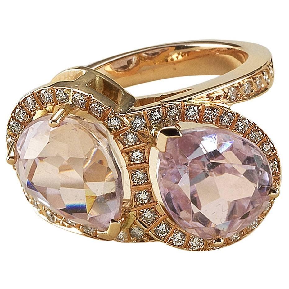 Kunzite Diamond Gold Toi et Moi Ring For Sale