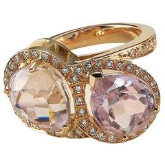 Vintage Kunzite Diamond Gold Toi et Moi Ring