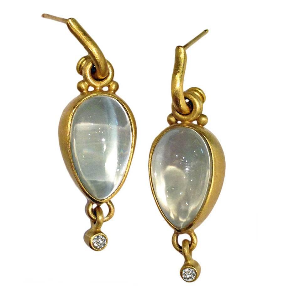 Denise Betesh Moonstone Diamond Gold Bubble Drop Earrings