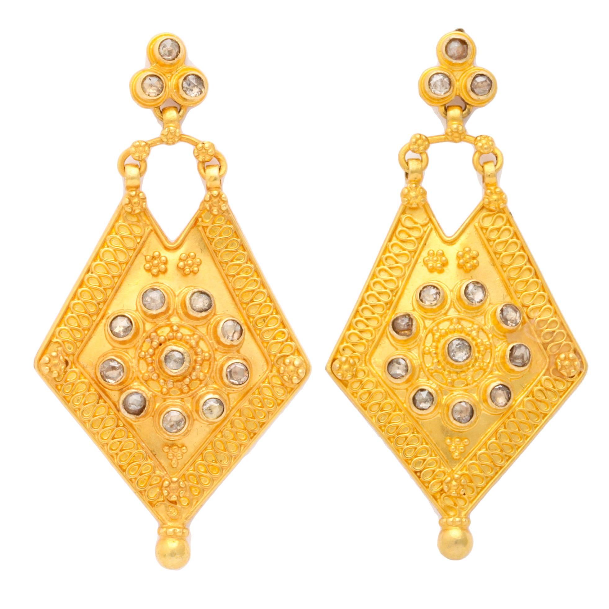 Rose Cut Diamond gold shield Earrings For Sale