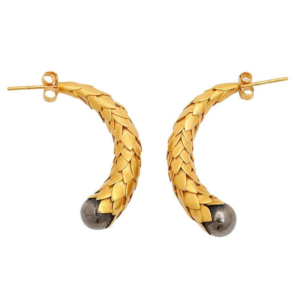 Rebecca Koven Gold Silver Feather Earrings For Sale