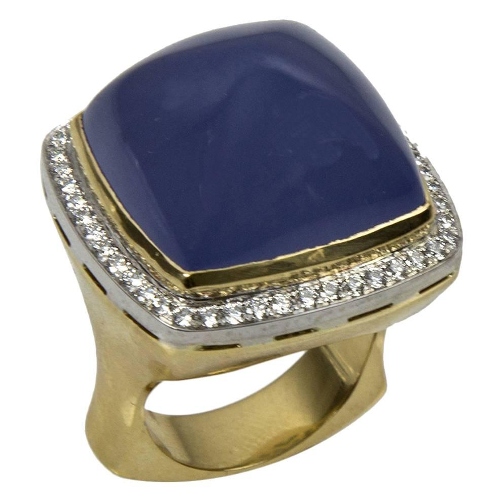 Chalcedony Sugarloaf Diamond Gold Ring Estate Fine Jewelry