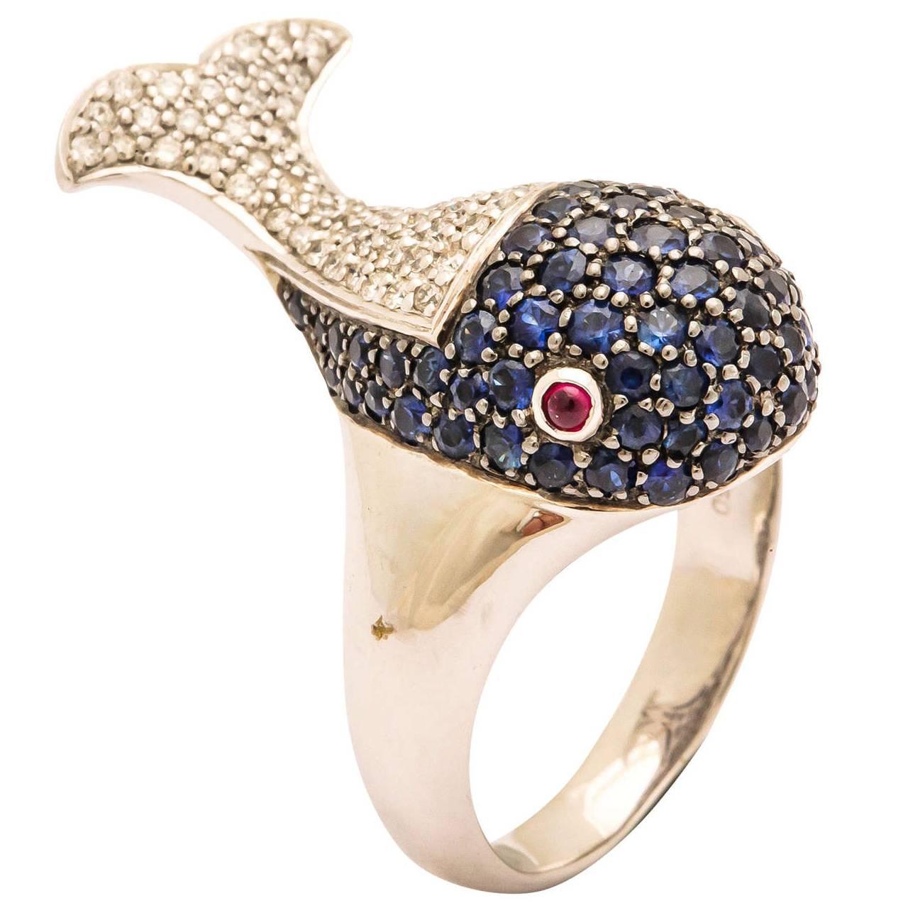 Sapphire Diamond Gold Whale Ring For Sale