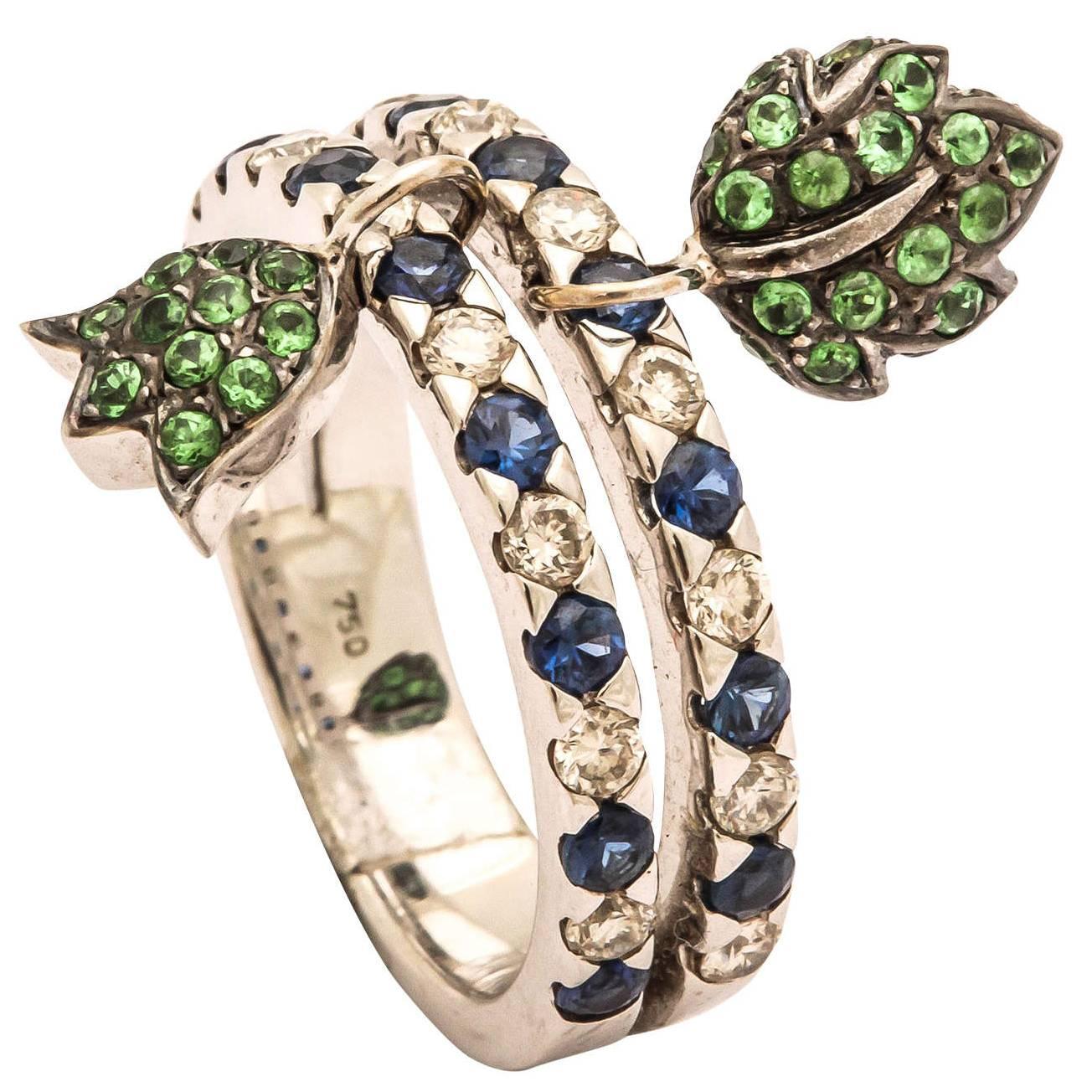 Unique Ring with Movable Green Garnet Tulip and Leaf Charms For Sale