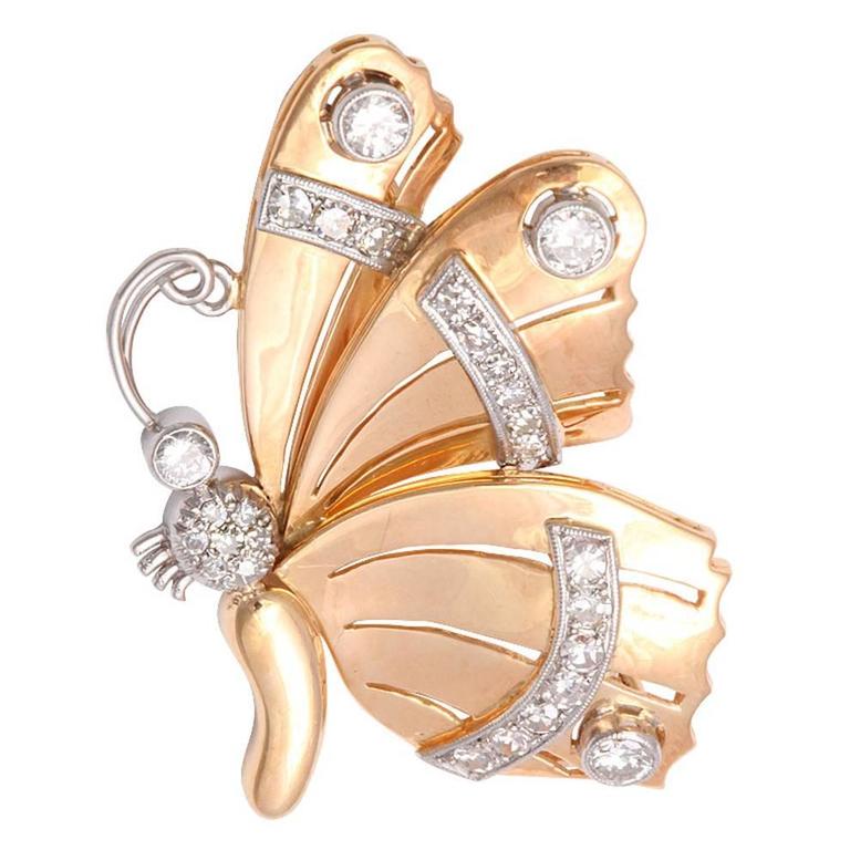 Retro Diamond Gold Butterfly Brooch Pin For Sale at 1stDibs