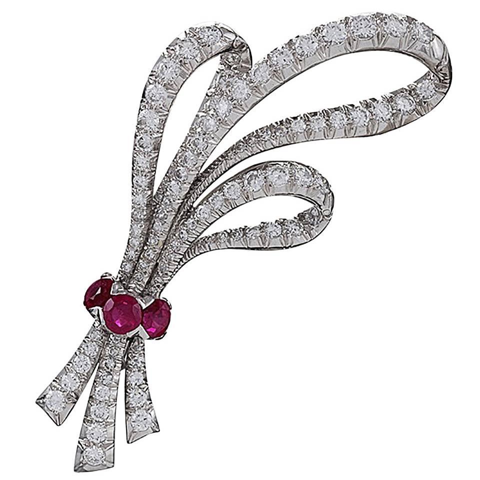1960's Ruby Diamond Platinum Triple Bow Brooch