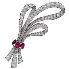 1960s Ruby Diamond Platinum Triple Bow Brooch 9