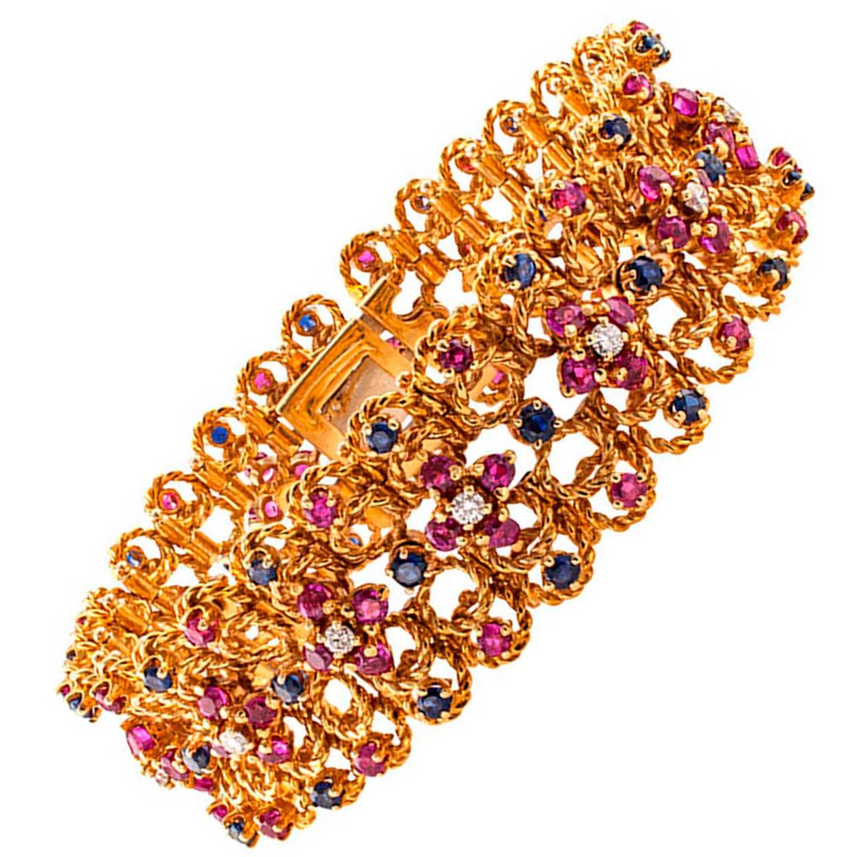 1960s Wide Ruby Sapphire Diamond Gold Bracelet 