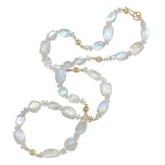 Pamela Froman Long Moonstone Diamond Gold Scrolls Necklace