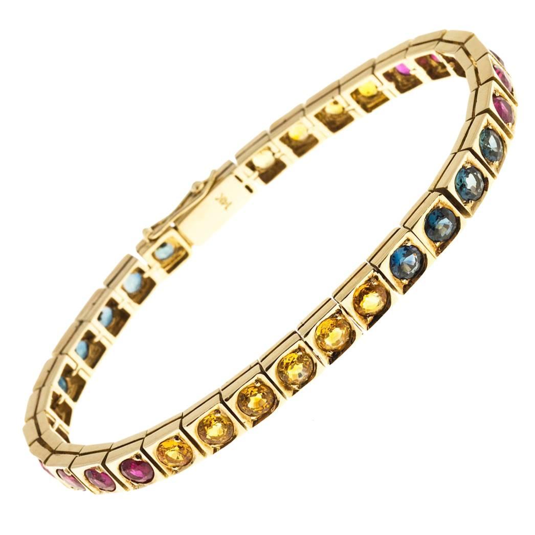 Ruby Blue Yellow Sapphire Hinged Gold Bracelet