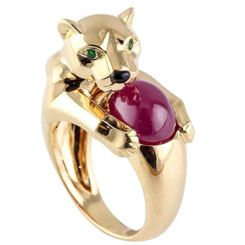 Cartier Panthere Ruby Emerald Onyx Gold Ring