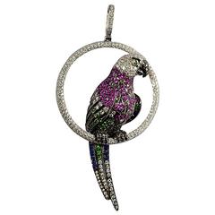 Tsavorite Sapphire Diamond Gold Parrot Pendant 4