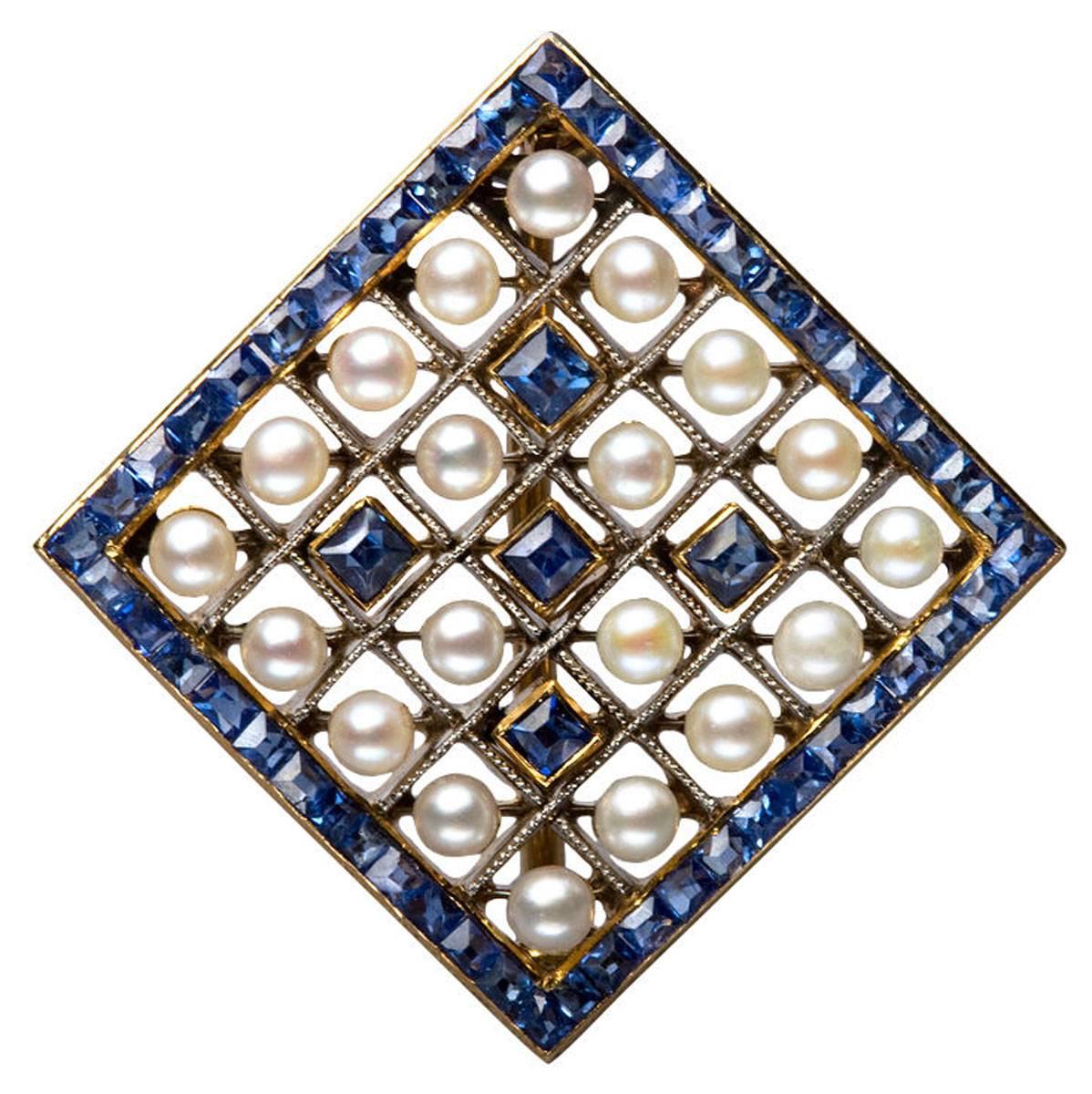 English Edwardian Pearl Sapphire and Gold Brooch, circa 1905