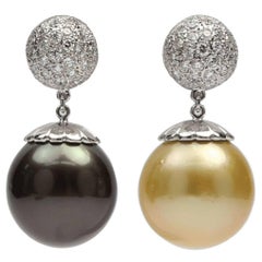 South Sea Golden & Tahitian Pearl Diamond Gold Drop Earrings Estate Fine Jewelry