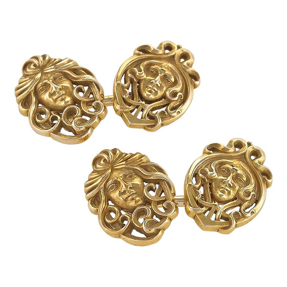 Boutons de manchette en or double face portrait masculin et féminin de style Art nouveau en vente