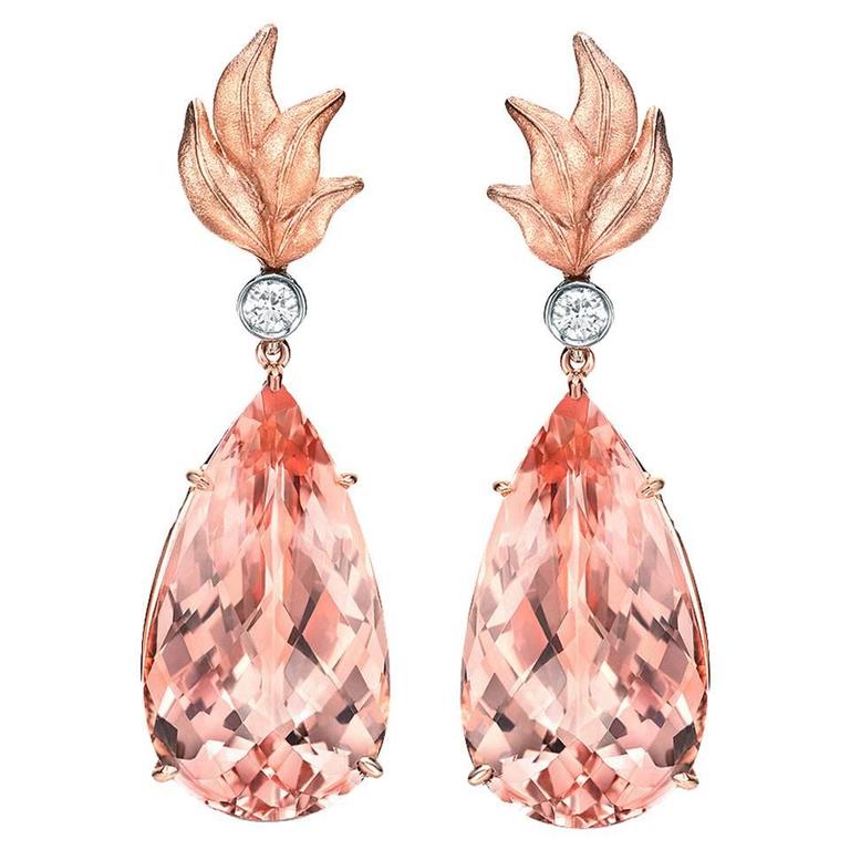 31.63 Carat Morganite Diamond Rose Gold Drop Earrings For Sale
