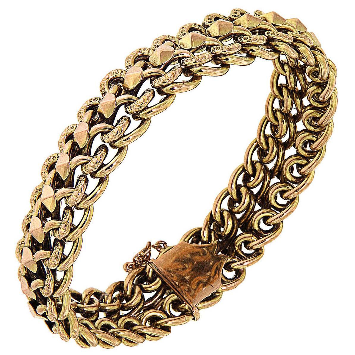 Engraved Yellow Gold Chain Link Bracelet Flexible 1950s 