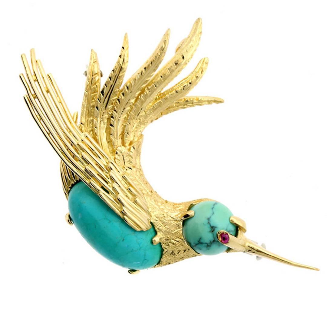 Cartier Turquoise Gold Hummingbird Brooch