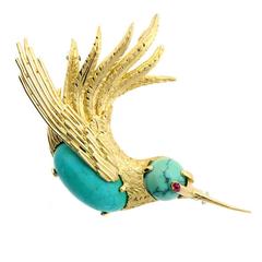 Vintage Cartier Turquoise Gold Hummingbird Brooch