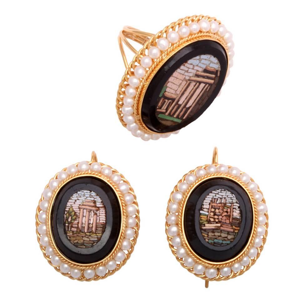 Antique Micro Mosaic Pearl Gold Ring and Earrings For Sale