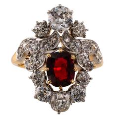 Antique Edwardian Red Spinel Diamond Gold Platinum Ring