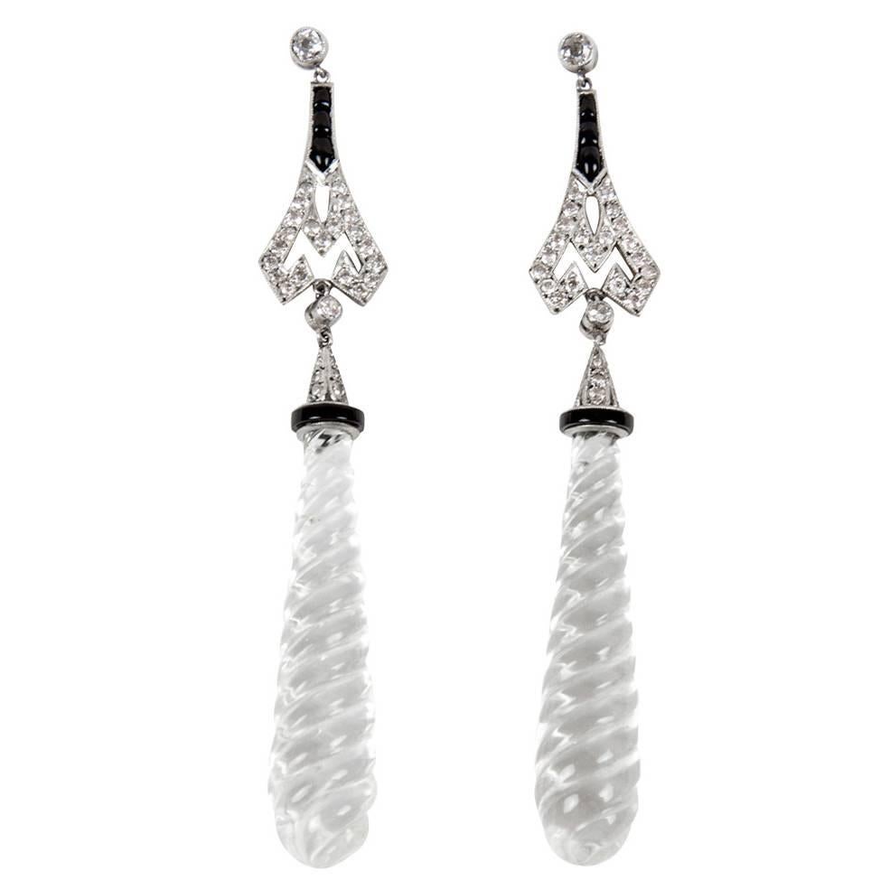 Rock Crystal 1 Carat Diamond Onyx Platinum Pendant Earrings Estate Fine Jewelry 