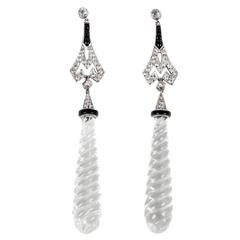 Onyx Rock Crystal Diamond Platinum Pendant Earrings 12